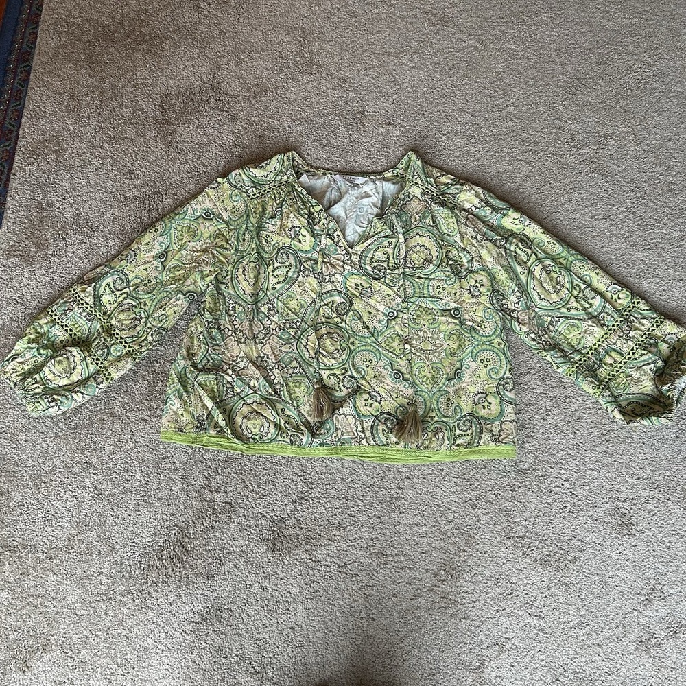 Liverpool Women's Tie Front Shirred Blouse With Trim Green Pink Paisley Tassel M